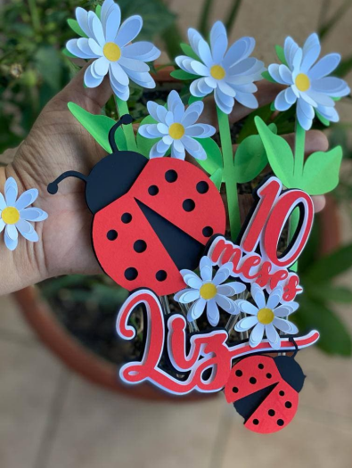 Topo de Bolo Joaninha Flores